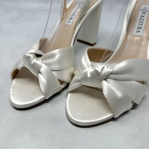 Aquazzura Nina 85 Silk Satin Knot Ankle Strap Block Heel Sandals Bridal White - Picture 5 of 16